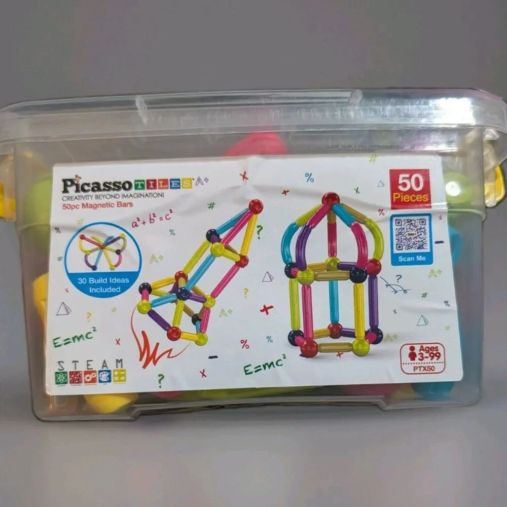 PicassoTiles 50pc Magnetic Stick Bar Building Set PTX50 - Used 49/50 Pcs W/ Bin